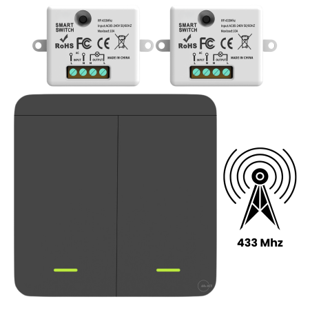 Electrice & Smart Home - Set Intrerupator Dublu RF 433 MHz si 2 Module Releu Incluse, Control 2 Circuite Iluminat, Montaj Usor, Negru