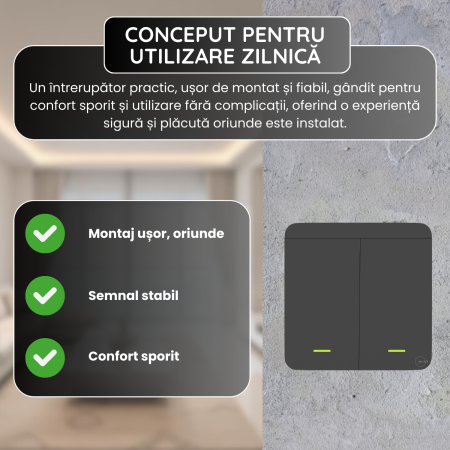 Set Intrerupator Dublu RF 433 MHz si 2 Module Releu Incluse, Control 2 Circuite Iluminat, Montaj Usor, Negru [3]