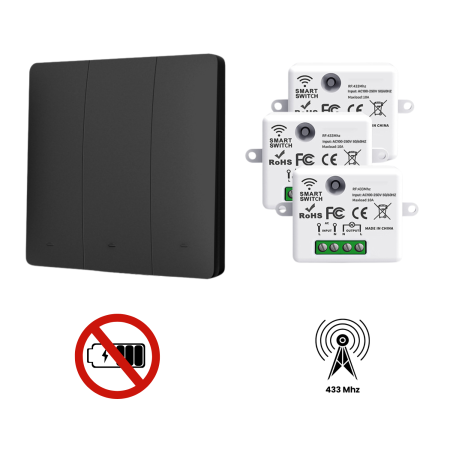 Set Intrerupator Triplu Cinetic Fara Fir si 3 Controllere Wireless (RF433), Fara Baterii, Control al Luminilor si Aparatelor, Negru [0]