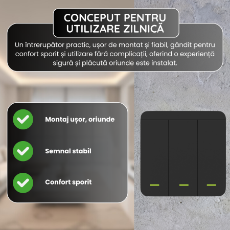 Set Intrerupator Wireless Triplu RF 433 MHz si 3 Module Releu Incluse, Control 3 Circuite Iluminat, Fara Wi-Fi, Montaj Usor, Negru [2]
