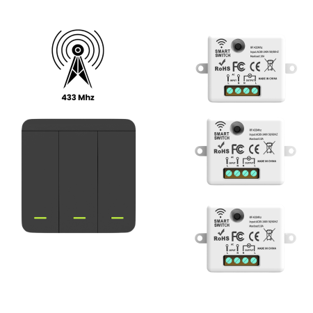Electrice & Smart Home - Set Intrerupator Wireless Triplu RF 433 MHz si 3 Module Releu Incluse, Control 3 Circuite Iluminat, Fara Wi-Fi, Montaj Usor, Negru