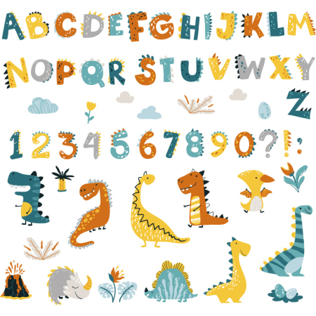 Stickere decorative - Sticker Autocolant Perete Copii, Alfabet, Dinozauri, Litere si Cifre, 60x90 cm