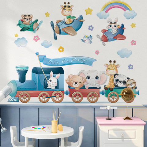 Sticker Autocolant Perete Copii, Animale in Avioane si Trenulet, Girafa, Urs, Iepure, Elefant, 75x95 cm [2]