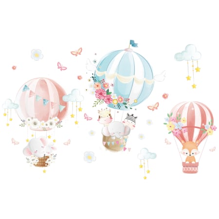 Stickere decorative - Sticker Autocolant Perete Copii, Animale in Balon cu Aer Cald, 60x90 cm