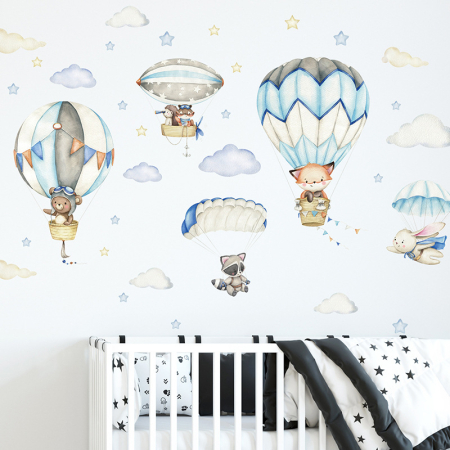 Sticker Autocolant Perete Copii, Animale in Balon cu Aer Cald si Parasute, 54x93 cm, Aida HER® [2]