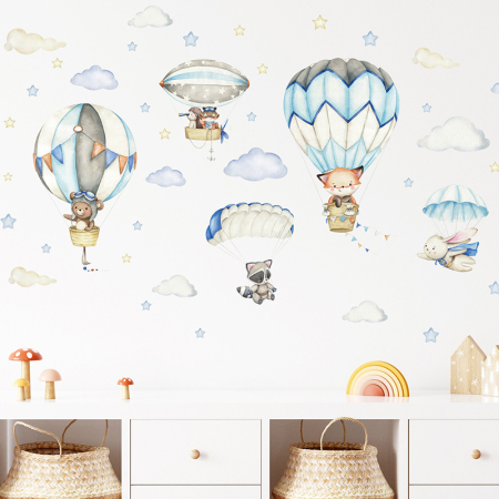 Sticker Autocolant Perete Copii, Animale in Balon cu Aer Cald si Parasute, 54x93 cm, Aida HER® [4]