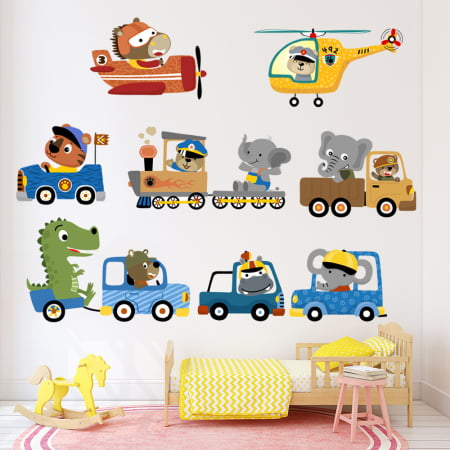 Sticker Autocolant Perete Copii, Animale in Masinute, Tren, Avion si Elicopter,  90x90 cm, Aida HER® [2]