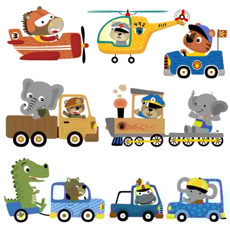 Stickere decorative - Sticker Autocolant Perete Copii, Animale in Masinute, Tren, Avion si Elicopter,  90x90 cm, Aida HER®