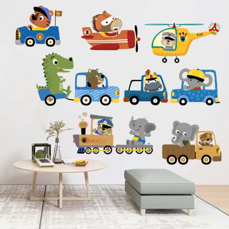 Sticker Autocolant Perete Copii, Animale in Masinute, Tren, Avion si Elicopter,  90x90 cm, Aida HER® [4]
