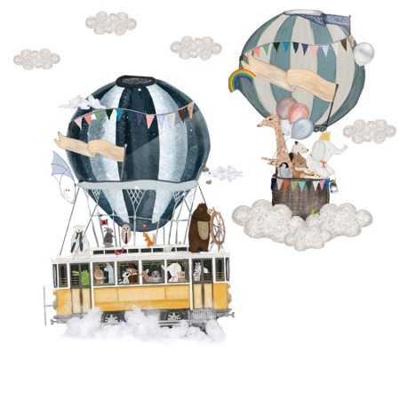 Stickere decorative - Sticker Autocolant Perete Copii, Animale in Trenulet si  Balon cu Aer Cald, 60x90 cm