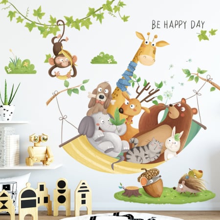 Sticker Autocolant Perete Copii, Animale Jucause si Haioase in Hamac, 80x90 cm [4]