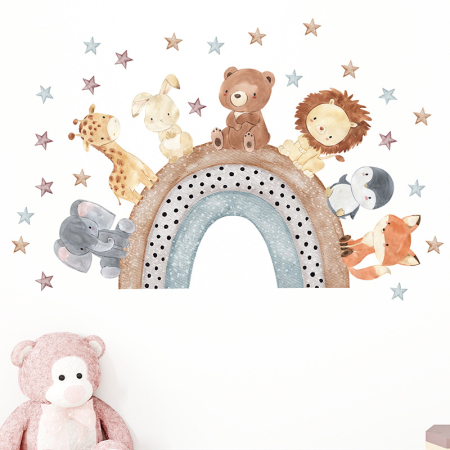 Sticker Autocolant Perete Copii, Animale pe Curcubeu, Elefant, Girafa, Iepure, Urs, Leu, Pinguin, Vulpe, 57x88 cm, Aida HER® [2]