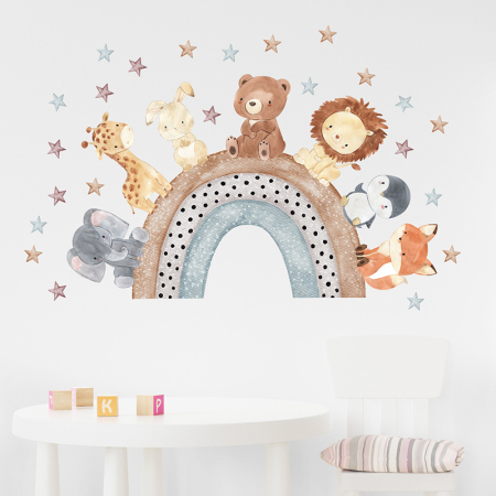 Sticker Autocolant Perete Copii, Animale pe Curcubeu, Elefant, Girafa, Iepure, Urs, Leu, Pinguin, Vulpe, 57x88 cm, Aida HER® [4]
