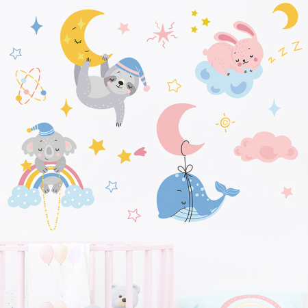 Sticker Autocolant Perete Copii, Animale Somnoroase, Luna si Stele, 58x76 cm, Aida HER® [2]