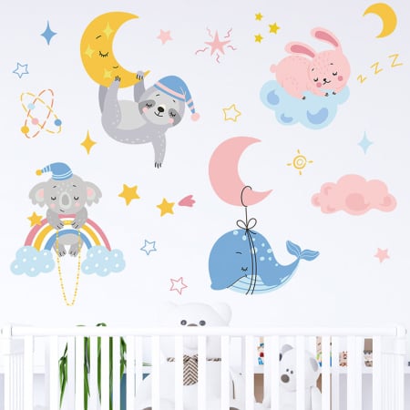 Sticker Autocolant Perete Copii, Animale Somnoroase, Luna si Stele, 58x76 cm, Aida HER® [5]