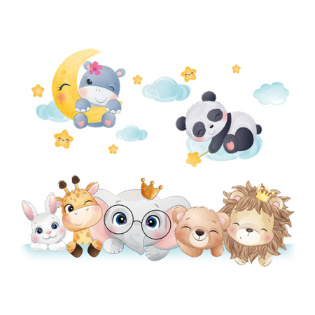 Stickere decorative - Sticker Autocolant Perete Copii, Animale Zambitoare, Nori, Luna si Stele, 65x80 cm