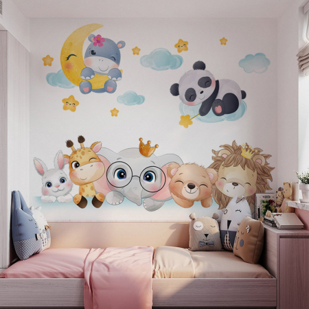 Sticker Autocolant Perete Copii, Animale Zambitoare, Nori, Luna si Stele, 65x80 cm [1]