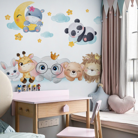 Sticker Autocolant Perete Copii, Animale Zambitoare, Nori, Luna si Stele, 65x80 cm [2]