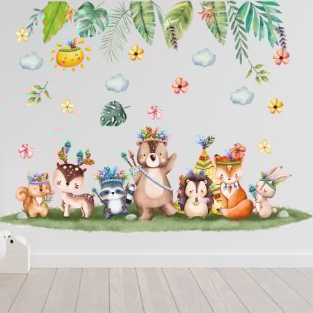 Sticker Autocolant Perete Copii, Animalele Incoronate, Flori, Frunze, 88x65 cm, Aida HER® [3]