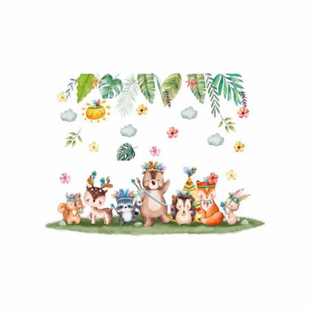 Stickere decorative - Sticker Autocolant Perete Copii, Animalele Incoronate, Flori, Frunze, 88x65 cm, Aida HER®