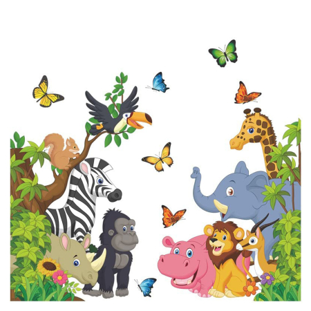 Stickere decorative - Sticker Autocolant Perete Copii, Animalele Junglei, Girafa, Elefant, Leu, Caprioara, Hipopotam, Rinocer, Urangutan, Zebra, Papagal, Veverita si Fluturasi, 80x85 cm, Aida HER®