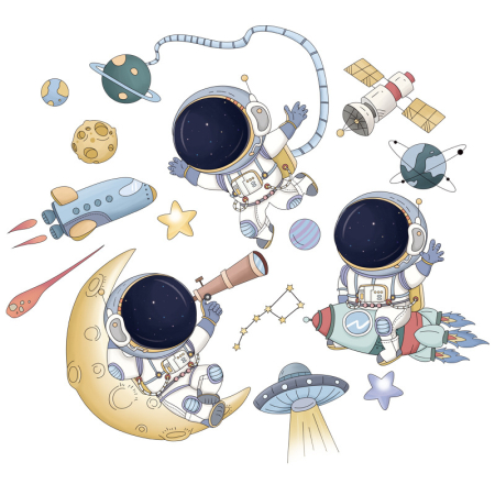 Stickere decorative - Sticker Autocolant Perete Copii, Astronauti in Spatiu, Planete, Racheta si Satelit, 80x90 cm