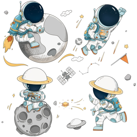 Stickere decorative - Sticker Autocolant Perete Copii, Astronauti Jucausi in Spatiu si Planete, 85x85 cm
