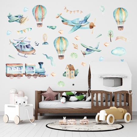 Sticker Autocolant Perete Copii, Avioane, Baloane cu Aer Cald, Casute, Tren, 90x90 cm, Aida HER® [1]