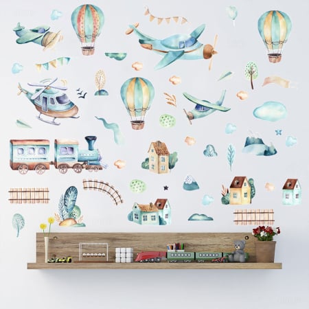 Sticker Autocolant Perete Copii, Avioane, Baloane cu Aer Cald, Casute, Tren, 90x90 cm, Aida HER® [4]