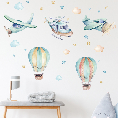 Stickere decorative - Sticker Autocolant Perete Copii, Avioane, Elicopter, Baloane cu Aer Cald, Nori si Stele, 60x90 cm, Aida HER®