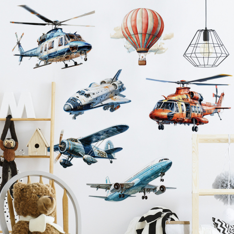 Stickere decorative - Sticker Autocolant Perete Copii, Avioane, Elicoptere, Balon cu Aer Cald, 80x80 cm