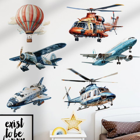 Sticker Autocolant Perete Copii, Avioane, Elicoptere, Balon cu Aer Cald, 80x80 cm [3]