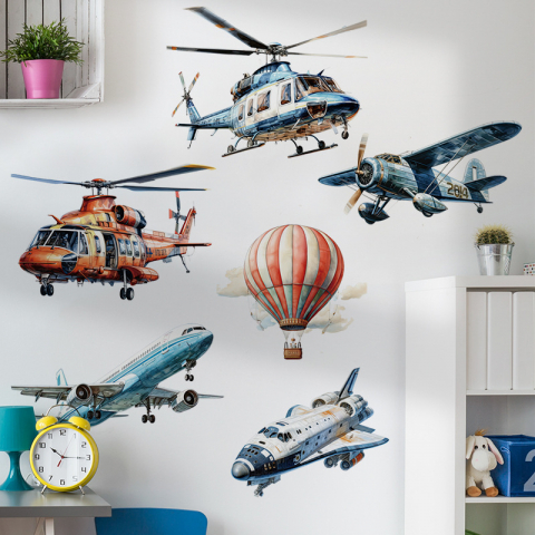 Sticker Autocolant Perete Copii, Avioane, Elicoptere, Balon cu Aer Cald, 80x80 cm [4]
