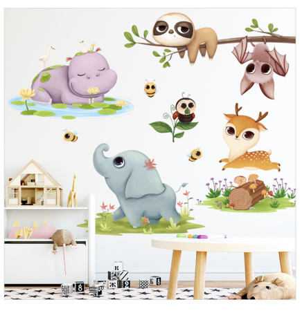 Sticker Autocolant Perete Copii, Caprioara, Elefant, Hipopotam, Liliac, Albine, 85x100 cm, Aida HER® [4]