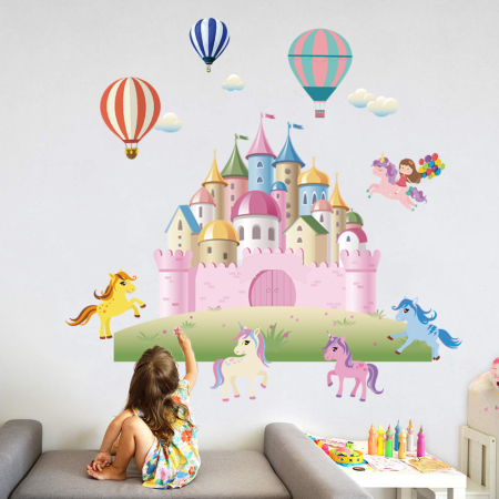 Sticker Autocolant Perete Copii, Castel, Ponei si Baloane cu Aer Cald, 80x120 cm [2]