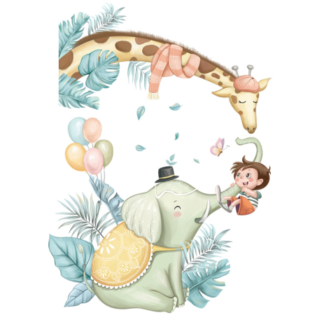 Stickere decorative - Sticker Autocolant Perete Copii, Copilul, Elefantul si Girafa, Prieteni in Jungla, 70x95 cm, Aida HER®