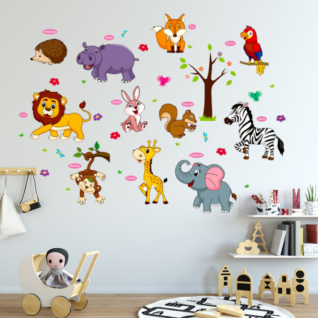 Sticker Autocolant Perete Copii cu Animale, Leu, Elefant, Zebra, Girafa, Vulpe, Hipopotam, Maimuta, Papagal, Iepuras, Veverita si Arici, 80x120 cm, Aida HER® [2]
