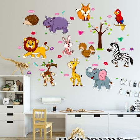 Sticker Autocolant Perete Copii cu Animale, Leu, Elefant, Zebra, Girafa, Vulpe, Hipopotam, Maimuta, Papagal, Iepuras, Veverita si Arici, 80x120 cm, Aida HER® [4]