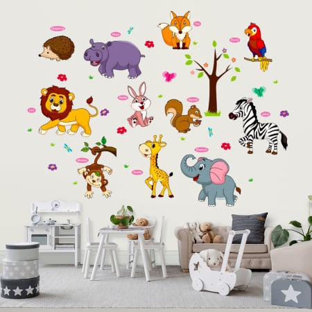 Sticker Autocolant Perete Copii cu Animale, Leu, Elefant, Zebra, Girafa, Vulpe, Hipopotam, Maimuta, Papagal, Iepuras, Veverita si Arici, 80x120 cm, Aida HER® [1]