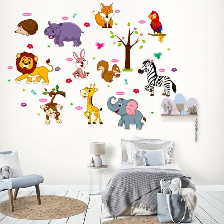 Sticker Autocolant Perete Copii cu Animale, Leu, Elefant, Zebra, Girafa, Vulpe, Hipopotam, Maimuta, Papagal, Iepuras, Veverita si Arici, 80x120 cm, Aida HER® [3]