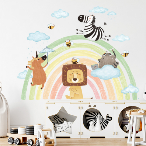 Sticker Autocolant Perete Copii, Curcubeu cu Animale, Leu, Unicorn, Raton si Albinute, 69x90 cm [4]