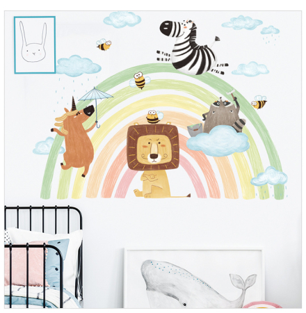 Sticker Autocolant Perete Copii, Curcubeu cu Animale, Leu, Unicorn, Raton si Albinute, 69x90 cm [2]