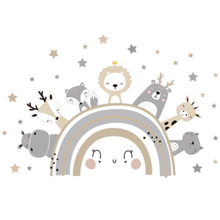 Stickere decorative - Sticker Autocolant Perete Copii, Curcubeu cu Animale Zambitoare, 51x77 cm, Aida HER®