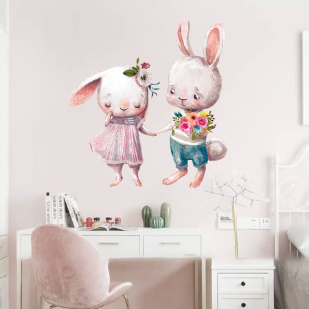 Sticker Autocolant Perete Copii, Doi Iepurasi cu Flori, 66x70 cm, Aida HER® [3]