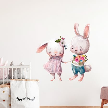 Sticker Autocolant Perete Copii, Doi Iepurasi cu Flori, 66x70 cm, Aida HER® [2]