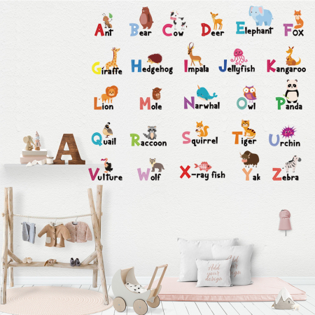 Sticker Autocolant Perete Copii, Educativ, Alfabet cu Animale in Limba Engleza, 90x90 cm, Aida HER® [1]