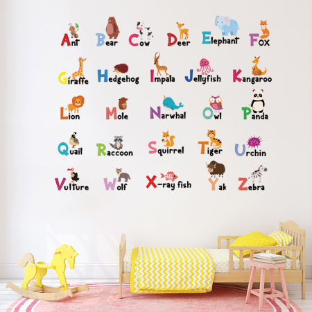 Sticker Autocolant Perete Copii, Educativ, Alfabet cu Animale in Limba Engleza, 90x90 cm, Aida HER® [4]