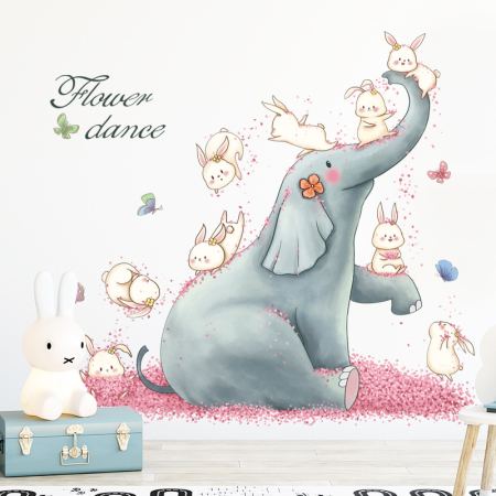 Sticker Autocolant Perete Copii, Elefant si Iepurasi Jucausi, Dansul Florilor, 77x83 cm