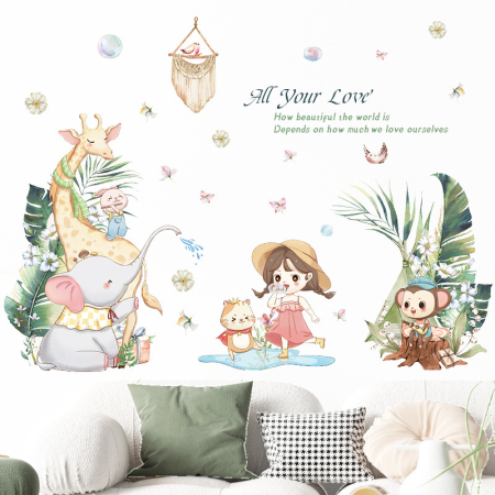Sticker Autocolant Perete Copii, Fetita impreuna cu Animale Prietenoase si Haioase, 60x110 cm [1]