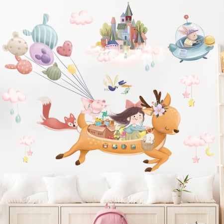 Sticker Autocolant Perete Copii, Fetita in Zbor pe Caprioara, Vulpe, Iepuras, Porcusor cu Baloane, Castel, Nori, Luna si Stele, 70x100 cm [3]